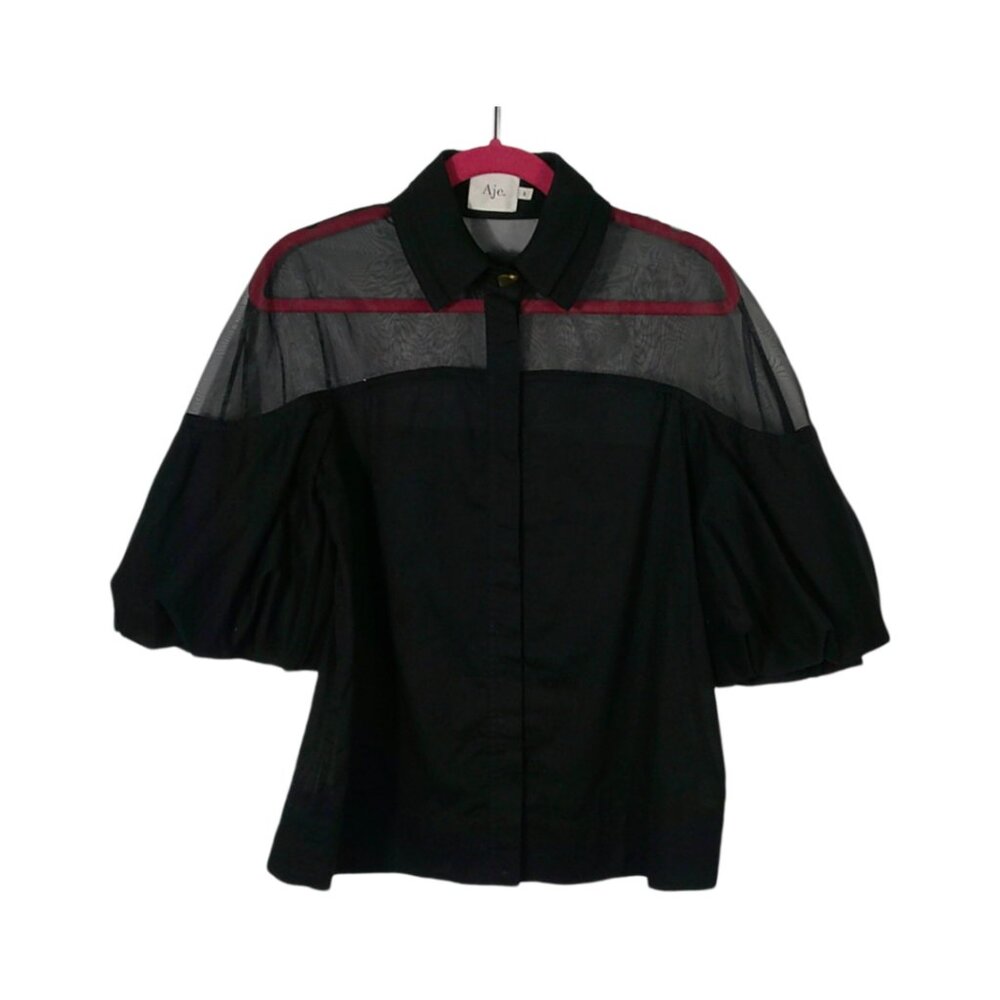 AJE Black half Transparent Puff Sleeve Top Size S